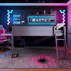 Lit mezzanine gaming double/complet, cadre de lit en bois avec bureau et LED, gris