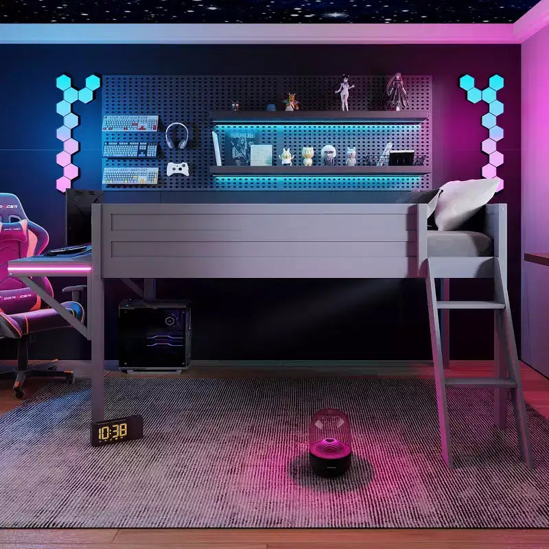 Twin/Full Size Gaming Loft Bed, Wood Bed Frame with Desk and LED, Gray