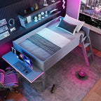 Lit mezzanine gaming double/complet, cadre de lit en bois avec bureau et LED, gris