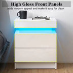 Table de chevet moderne à LED avec 2 tiroirs, finition brillante