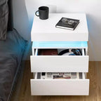 Table de chevet moderne à LED avec 2 tiroirs, finition brillante