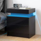 Table de chevet moderne à LED avec 2 tiroirs, finition brillante