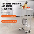 Table de travail en acier inoxydable 24 x 12 x 38 po, capacité de 500 lb avec 4 roues et 3 niveaux de hauteur réglables