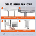 Table de travail en acier inoxydable 24 x 12 x 38 po, capacité de 500 lb avec 4 roues et 3 niveaux de hauteur réglables