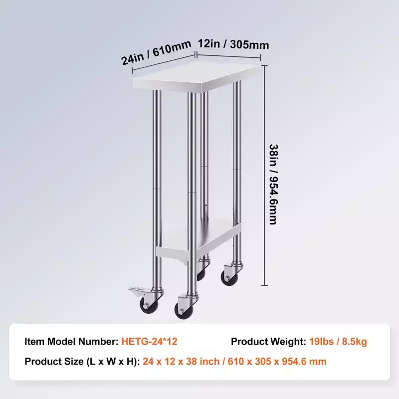 Table de travail en acier inoxydable 24 x 12 x 38 po, capacité de 500 lb avec 4 roues et 3 niveaux de hauteur réglables