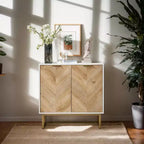 Meuble de rangement blanc et doré à 2 portes - Buffet moderne, Meuble d'appoint élégant pour salon