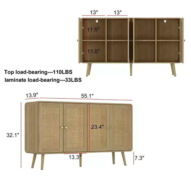 Meuble de Rangement Bohème avec Portes Tressées en Rotin et Poignées Dorées - Polyvalent pour Chambre, Bureau, Restaurant et Salon