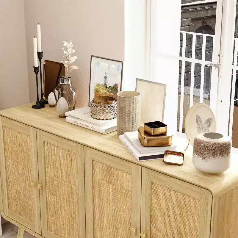 Meuble de Rangement Bohème avec Portes Tressées en Rotin et Poignées Dorées - Polyvalent pour Chambre, Bureau, Restaurant et Salon