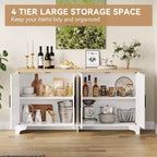 Buffet de salle à manger en rotin de 157 cm, meuble de rangement de cuisine à 4 portes avec étagères
