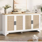 Buffet de salle à manger en rotin de 157 cm, meuble de rangement de cuisine à 4 portes avec étagères