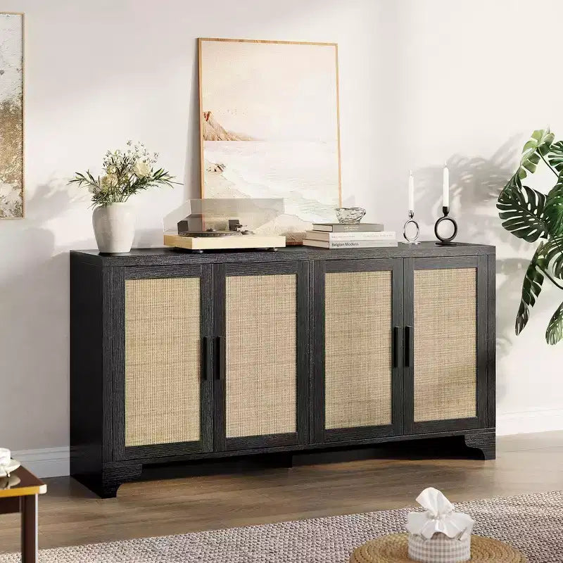62 Inch Rattan Sideboard Buffet Cabinet, 4-Door Kitchen Storage Cabinet with Shelves