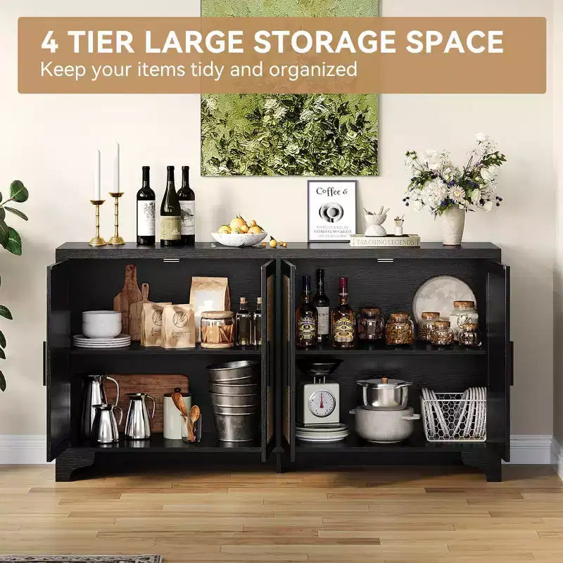 62 Inch Rattan Sideboard Buffet Cabinet, 4-Door Kitchen Storage Cabinet with Shelves