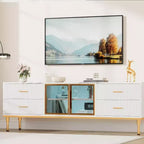 Meuble TV 65 pouces avec lumières LED, Console moderne avec 4 tiroirs, étagères et portes en verre pour téléviseurs de 55-75 pouces