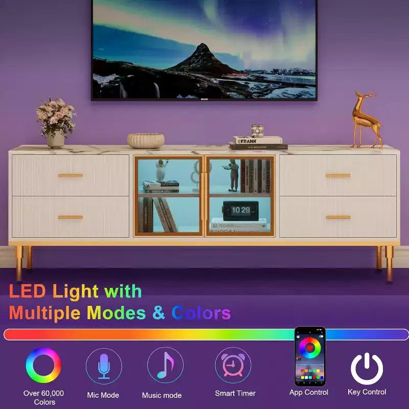 Meuble TV 65 pouces avec lumières LED, Console moderne avec 4 tiroirs, étagères et portes en verre pour téléviseurs de 55-75 pouces