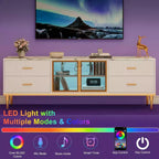 Meuble TV 65 pouces avec lumières LED, Console moderne avec 4 tiroirs, étagères et portes en verre pour téléviseurs de 55-75 pouces