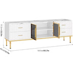 Meuble TV 65 pouces avec lumières LED, Console moderne avec 4 tiroirs, étagères et portes en verre pour téléviseurs de 55-75 pouces