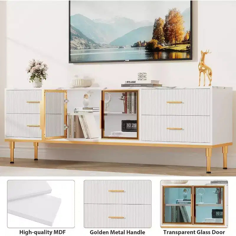 Meuble TV 65 pouces avec lumières LED, Console moderne avec 4 tiroirs, étagères et portes en verre pour téléviseurs de 55-75 pouces
