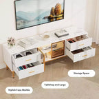 Meuble TV 65 pouces avec lumières LED, Console moderne avec 4 tiroirs, étagères et portes en verre pour téléviseurs de 55-75 pouces