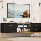 Meuble TV 65 pouces avec lumières LED, Console moderne avec 4 tiroirs, étagères et portes en verre pour téléviseurs de 55-75 pouces