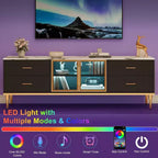 Meuble TV 65 pouces avec lumières LED, Console moderne avec 4 tiroirs, étagères et portes en verre pour téléviseurs de 55-75 pouces