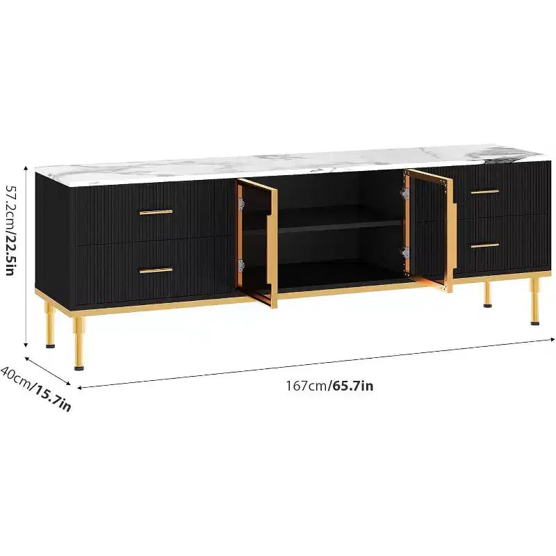 Meuble TV 65 pouces avec lumières LED, Console moderne avec 4 tiroirs, étagères et portes en verre pour téléviseurs de 55-75 pouces