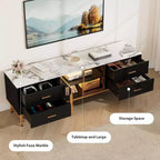 Meuble TV 65 pouces avec lumières LED, Console moderne avec 4 tiroirs, étagères et portes en verre pour téléviseurs de 55-75 pouces