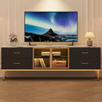 Meuble TV 65 pouces avec lumières LED, Console moderne avec 4 tiroirs, étagères et portes en verre pour téléviseurs de 55-75 pouces