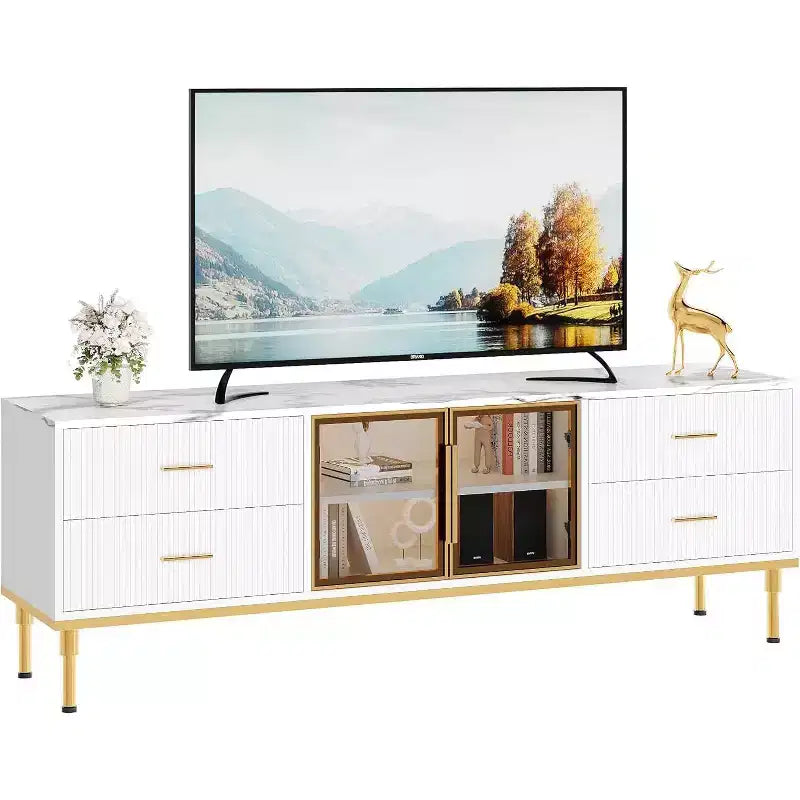 Meuble TV 65 pouces avec lumières LED, Console moderne avec 4 tiroirs, étagères et portes en verre pour téléviseurs de 55-75 pouces