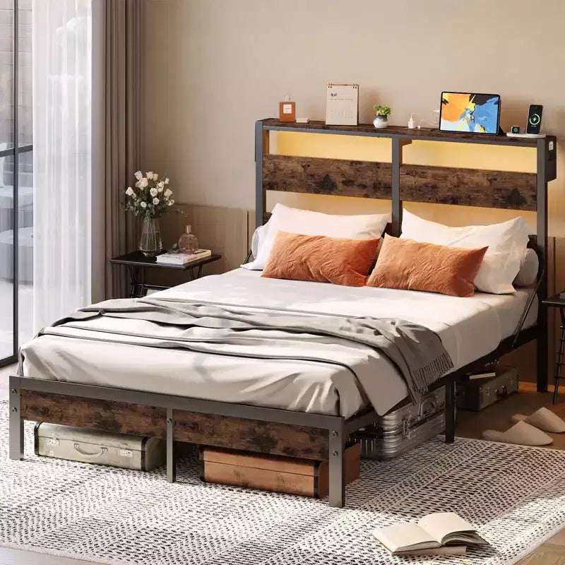Cadre de lit double avec lumières LED et station de charge - Tête de lit haute, rangement sous le lit, silencieux