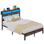 Cadre de lit double avec lumières LED et station de charge - Tête de lit haute, rangement sous le lit, silencieux