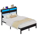 Cadre de lit double avec lumières LED et station de charge - Tête de lit haute, rangement sous le lit, silencieux