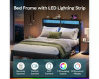 Cadre de lit double avec lumières LED et station de charge - Tête de lit haute, rangement sous le lit, silencieux
