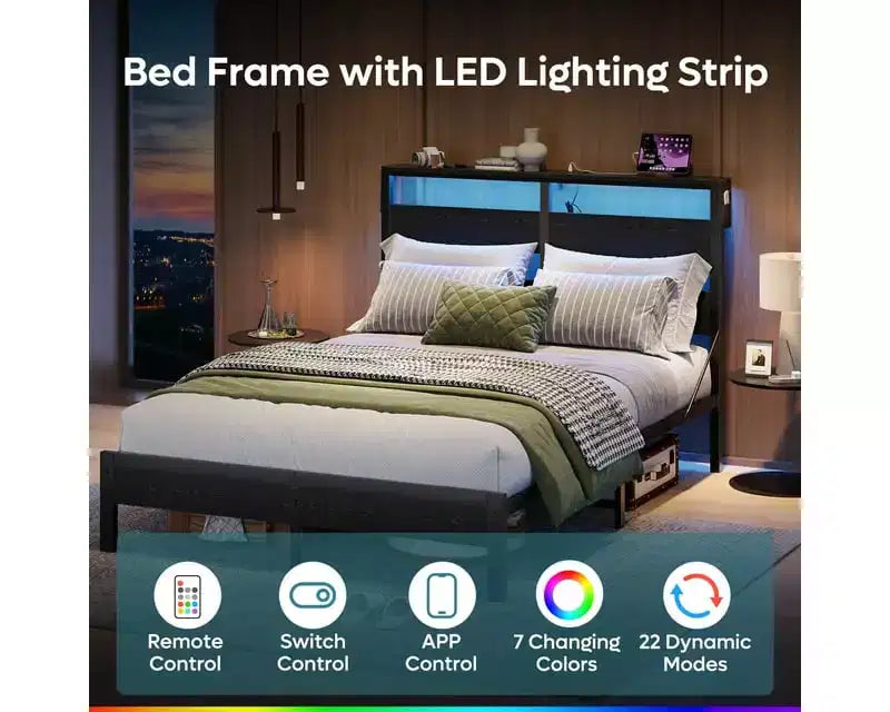 Cadre de lit double avec lumières LED et station de charge - Tête de lit haute, rangement sous le lit, silencieux