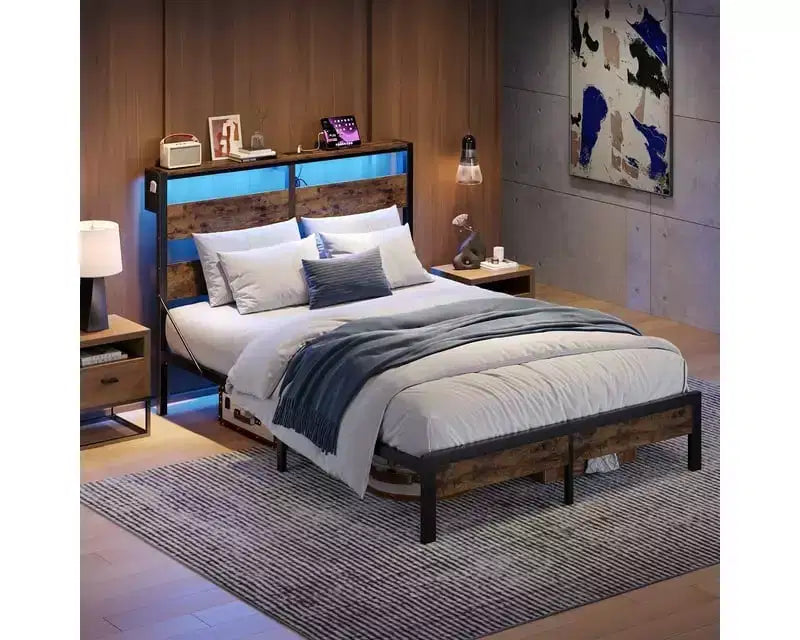 Twin Bed Frame with LED Lights & Charging Station - High Headboard, Under-Bed Storage, Noise-Free