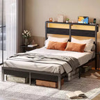 Cadre de lit double avec lumières LED et station de charge - Tête de lit haute, rangement sous le lit, silencieux