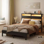 Cadre de lit double avec lumières LED et station de charge - Tête de lit haute, rangement sous le lit, silencieux