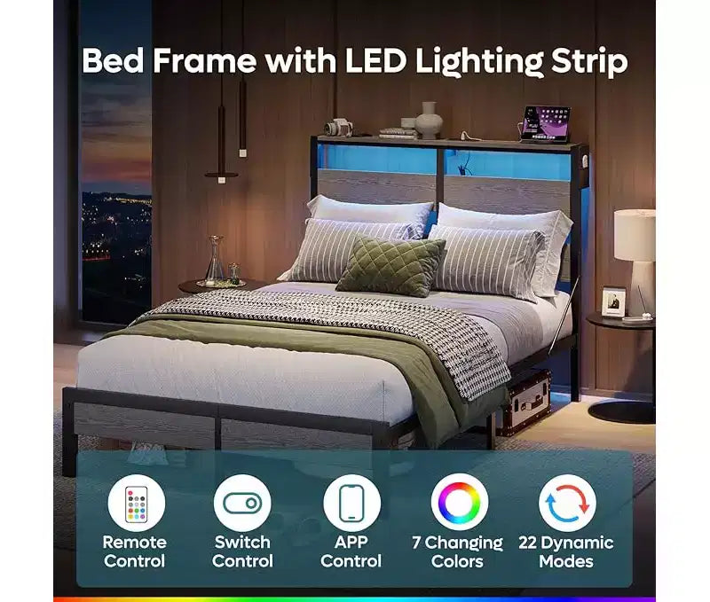 Cadre de lit double avec lumières LED et station de charge - Tête de lit haute, rangement sous le lit, silencieux