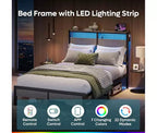 Cadre de lit double avec lumières LED et station de charge - Tête de lit haute, rangement sous le lit, silencieux