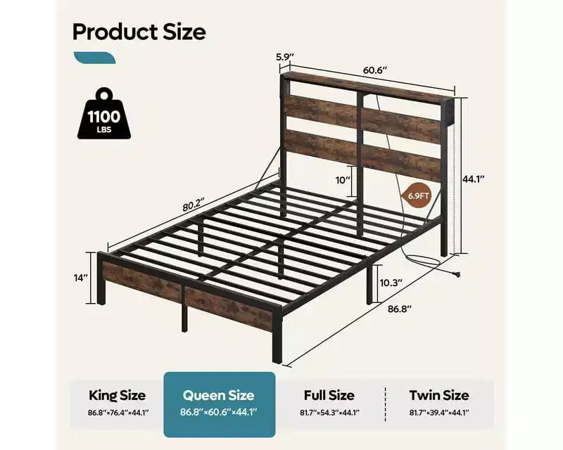 Twin Bed Frame with LED Lights & Charging Station - High Headboard, Under-Bed Storage, Noise-Free