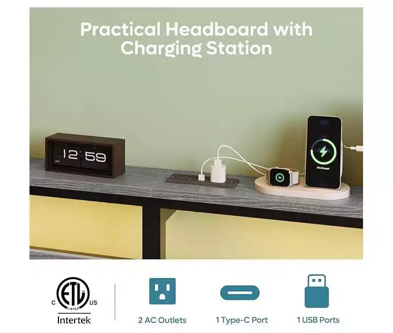 Cadre de lit double avec lumières LED et station de charge - Tête de lit haute, rangement sous le lit, silencieux