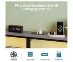 Cadre de lit double avec lumières LED et station de charge - Tête de lit haute, rangement sous le lit, silencieux