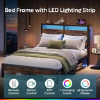 Cadre de lit double avec lumières LED et station de charge - Tête de lit haute, rangement sous le lit, silencieux