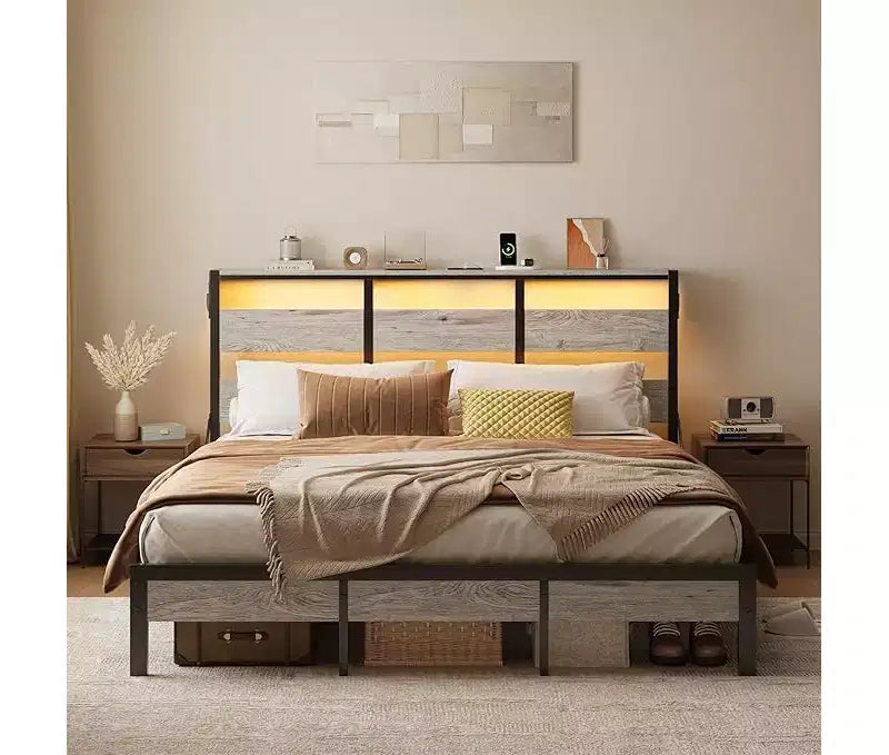 Twin Bed Frame with LED Lights & Charging Station - High Headboard, Under-Bed Storage, Noise-Free