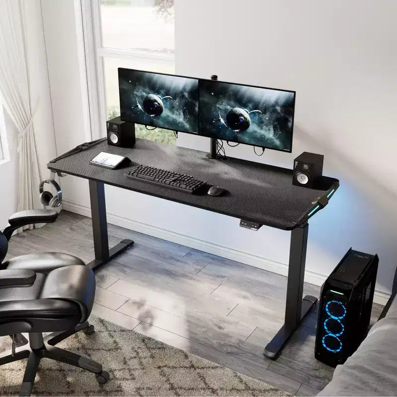 Bureau de jeu debout avec éclairage RVB, 65"L x 27,5"P, réglable en hauteur de 29" à 48,5"