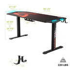 Bureau de jeu debout avec éclairage RVB, 65"L x 27,5"P, réglable en hauteur de 29" à 48,5"