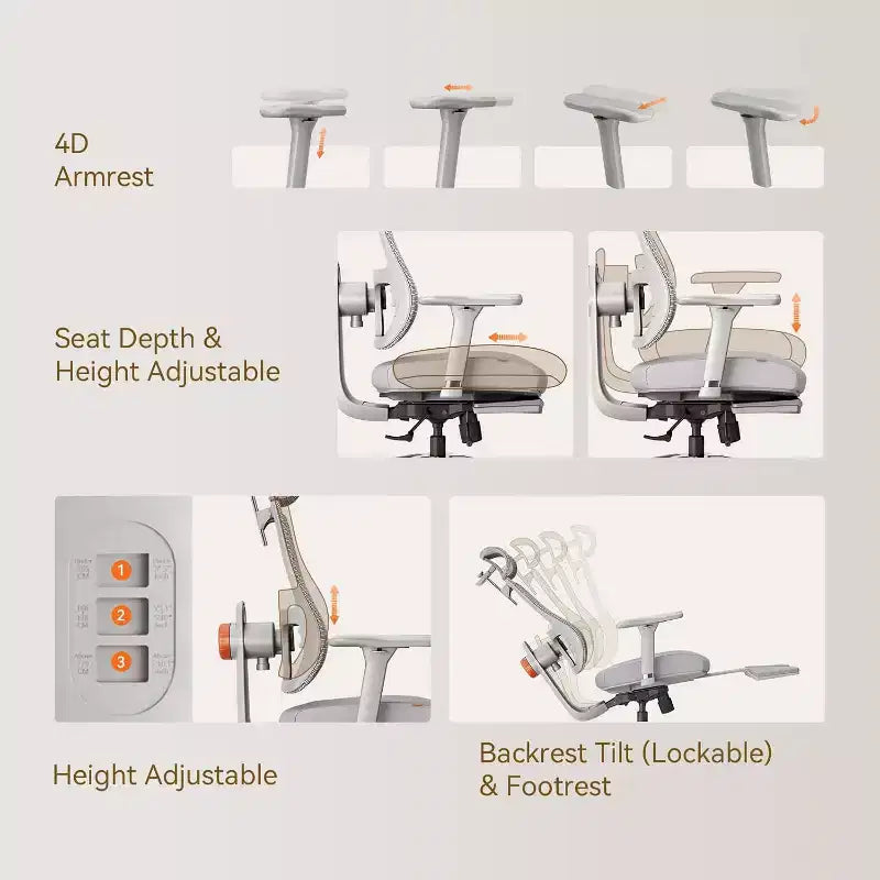 Chaise de bureau ergonomique avec repose-pieds et accoudoirs 4D