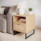 Table de chevet Mid-Century Moderne avec tiroir en rotin, étagère supérieure ouverte et pieds en métal