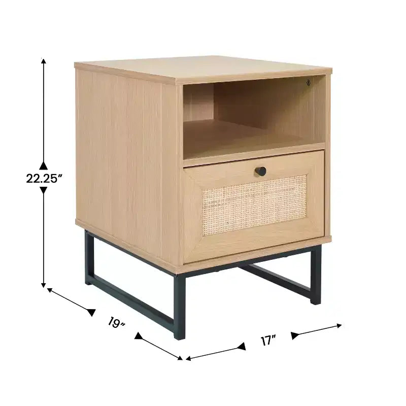 Table de chevet Mid-Century Moderne avec tiroir en rotin, étagère supérieure ouverte et pieds en métal