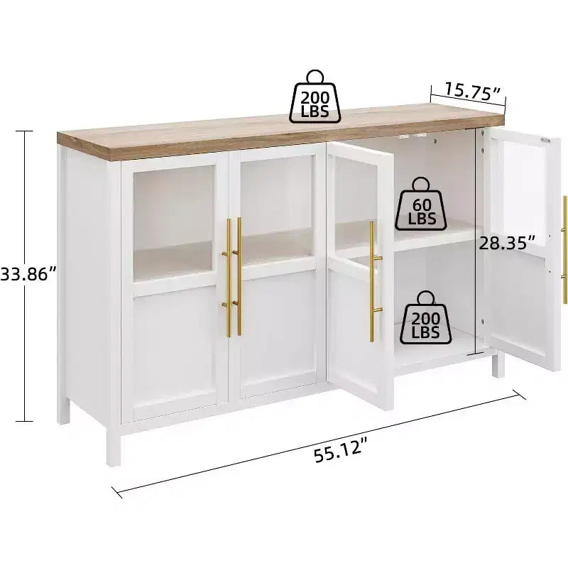 Buffet de rangement de style ferme de 55 po avec 4 portes vitrées, étagères, organiseur de cuisine et salle à manger mince, blanc