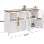 Buffet de rangement de style ferme de 55 po avec 4 portes vitrées, étagères, organiseur de cuisine et salle à manger mince, blanc